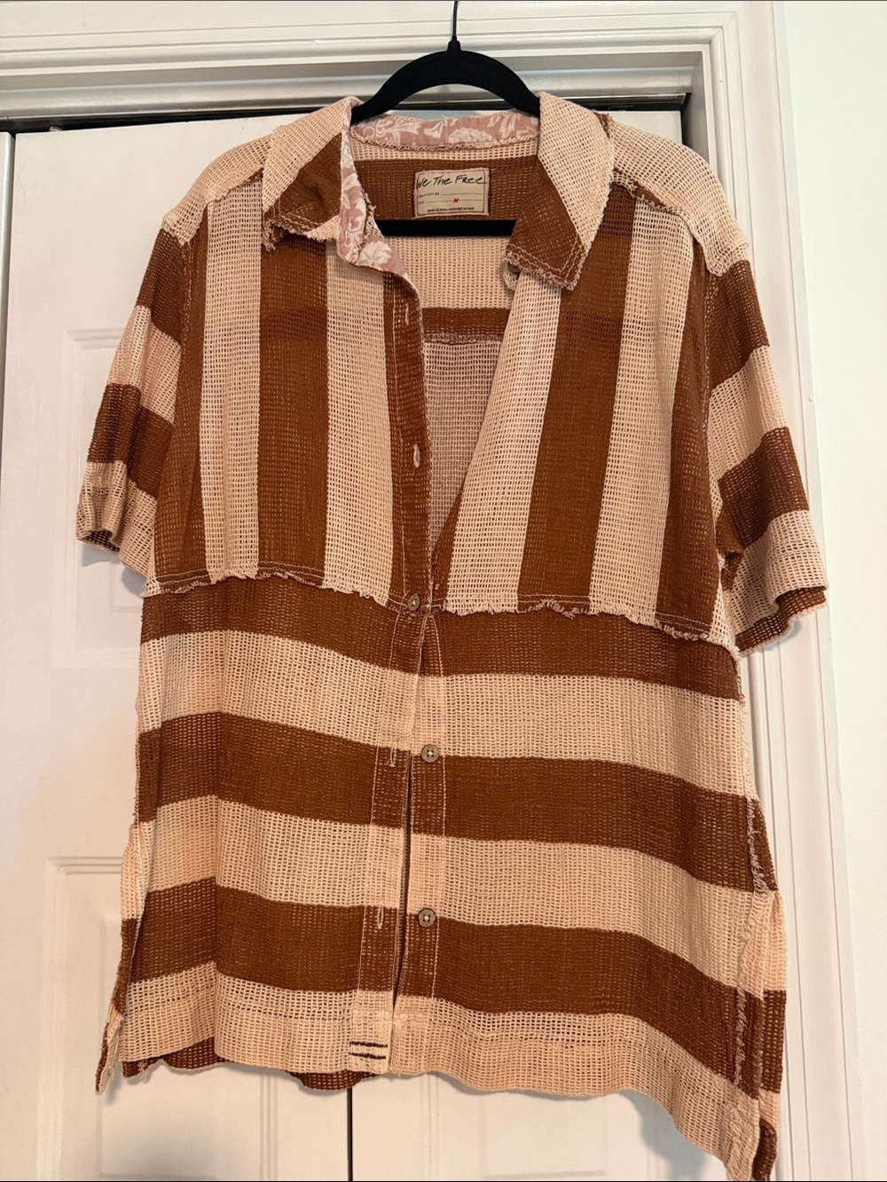 We The Free Short Sleeve Button-Down Shirt in Brown and Cream Stripes